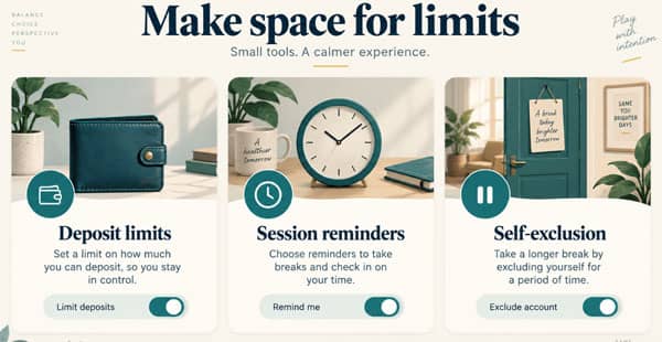 Illustrations of deposit limits, session reminders and self-exclusion controls.