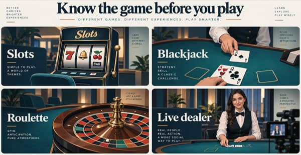 Four casino game formats: slots, blackjack, roulette and live dealer.